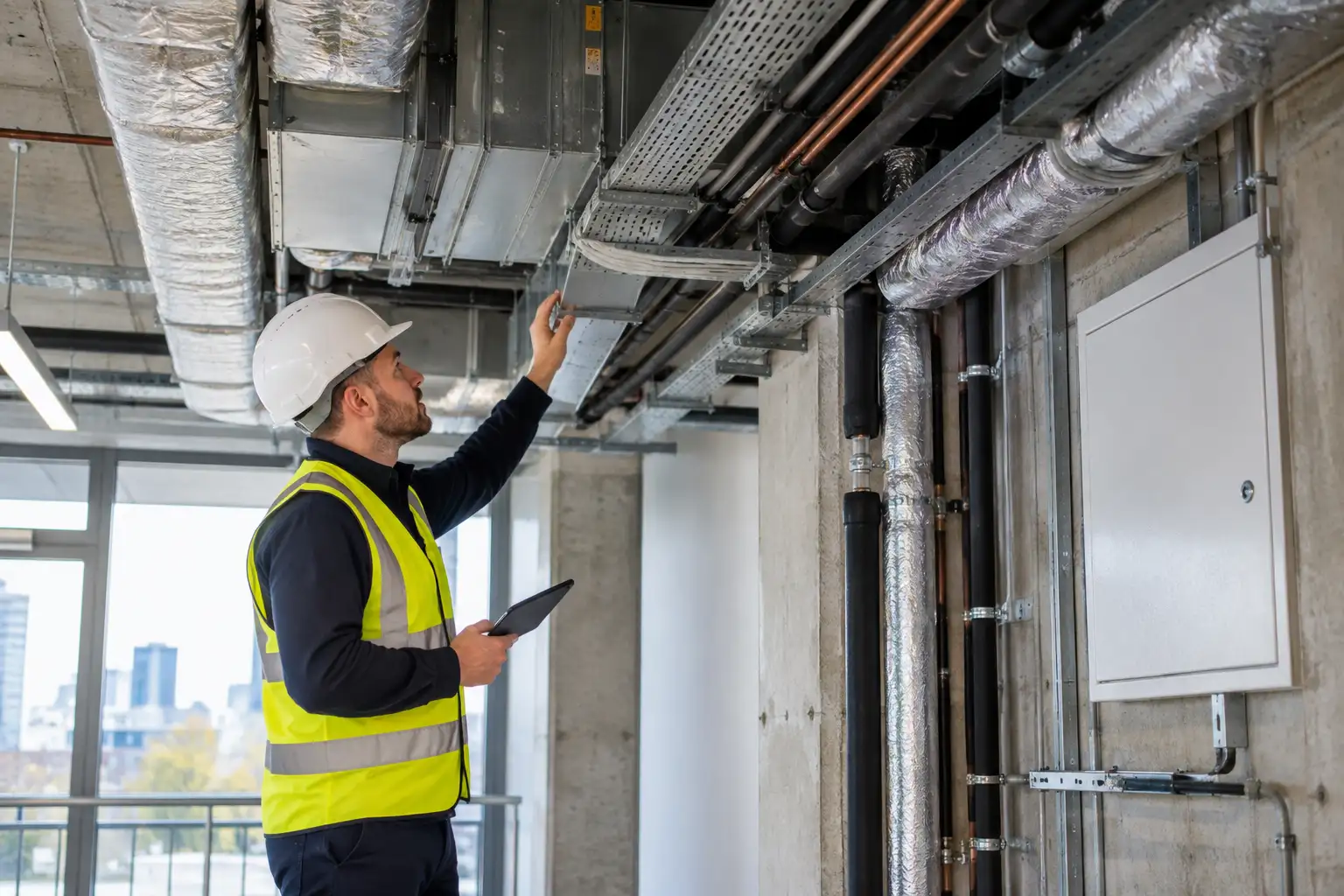 Create a distinctive contemporary editorial photograph showing the exposed service structure of a well-maintained commercial building, such as a cutaway section of a modern business premises or a visible access route behind finished walls. Include one appropriately dressed building surveyor or maintenance specialist inspecting a junction where ventilation, cables, pipes and access panels are organised and clearly reachable, rather than posing at a desk or looking at a screen. The visual should communicate hidden foundations, access, structure and careful maintenance: the finished building represents the visible website, while the orderly infrastructure behind it represents technical SEO. Use believable UK commercial architecture, natural daylight, realistic materials and restrained colours. Avoid readable labels, logos, laptops, dashboards, abstract code, search engine branding and generic corporate office imagery. | What Is Technical SEO Responsible For on a Business Website?