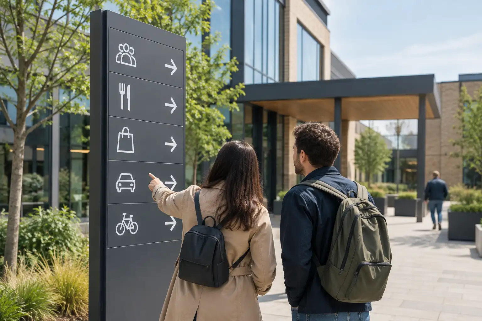 Create a distinctive contemporary editorial photograph showing a real-world wayfinding environment at a mixed-use business park, specialist trade centre or public-facing commercial site. Make the primary subject a clear sequence of physical directional signs and information panels leading visitors towards different services or entrances, with one or two genuine visitors pausing to choose the correct route. The visual should communicate clarity, relevance and decision-making before arrival: each sign should make its destination understandable without relying on decorative clutter. Use believable UK architecture, natural daylight, restrained colours and realistic materials. Avoid readable words, logos, screens, laptops, search engine branding, abstract SEO graphics and generic corporate office scenes. | How to Make Search Results More Useful for Your Customers